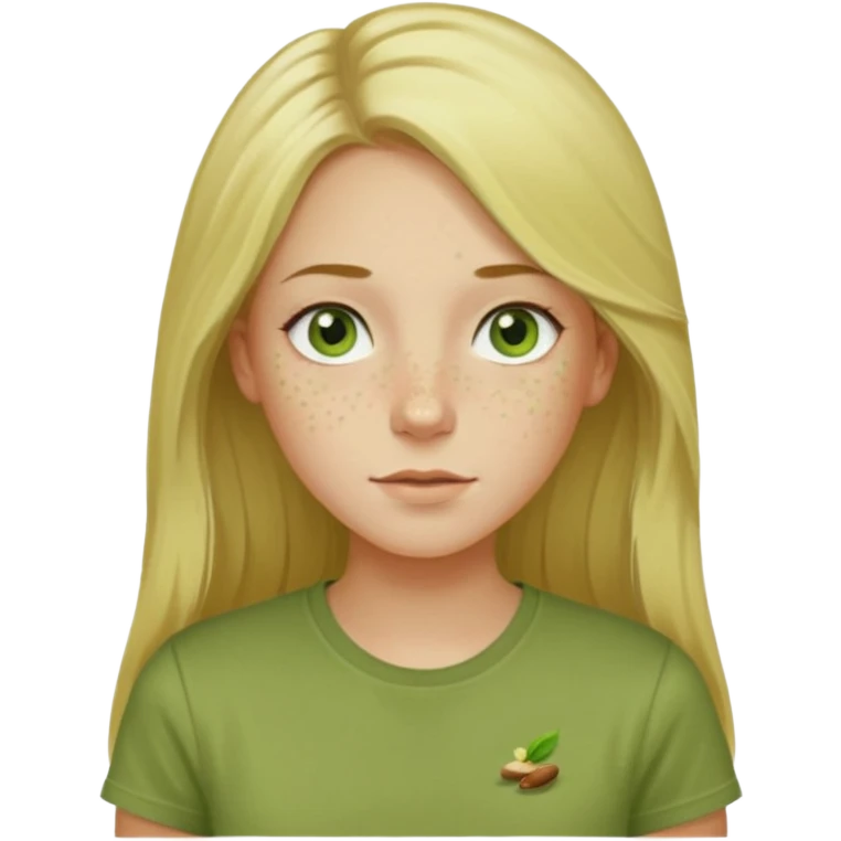 a girl with long blondish hair and greenish eyes and some freckeles wearing a pistacho color t shirt emoji