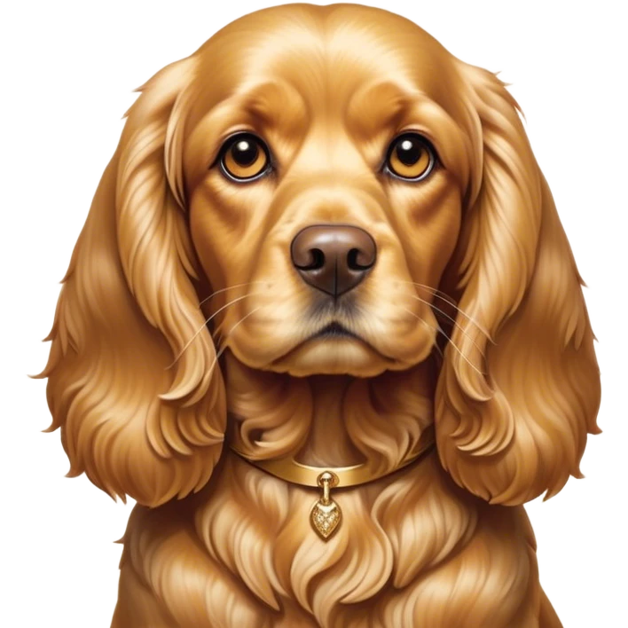 Cinematic Noble Gold Cocker Spaniel Portrait Emoji, Poised and regal, with a medium build and a lustrous, well-groomed golden coat, deep-set soulful brown eyes, Simplified yet sharp and sophisticated features, highly detailed, glowing with a soft, dignified glow, high shine, intelligent and loyal, stylized with an air of elegance, focused and attentive, soft glowing outline, capturing the essence of a watchful and confident companion, so majestic it feels as though it could trot out of the screen with effortless authority! emoji