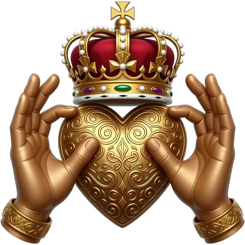 two bronze palms facing downwards, fingertips holding a bronze heart richly ornamented with arabesques and a richly decorated royal crown, dramatic lighting - backlight emoji