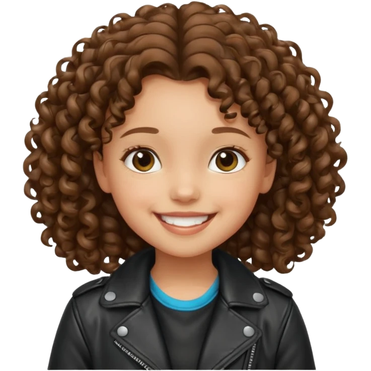 girl kid curly brown hair wear leather jacket, smile happy emoji