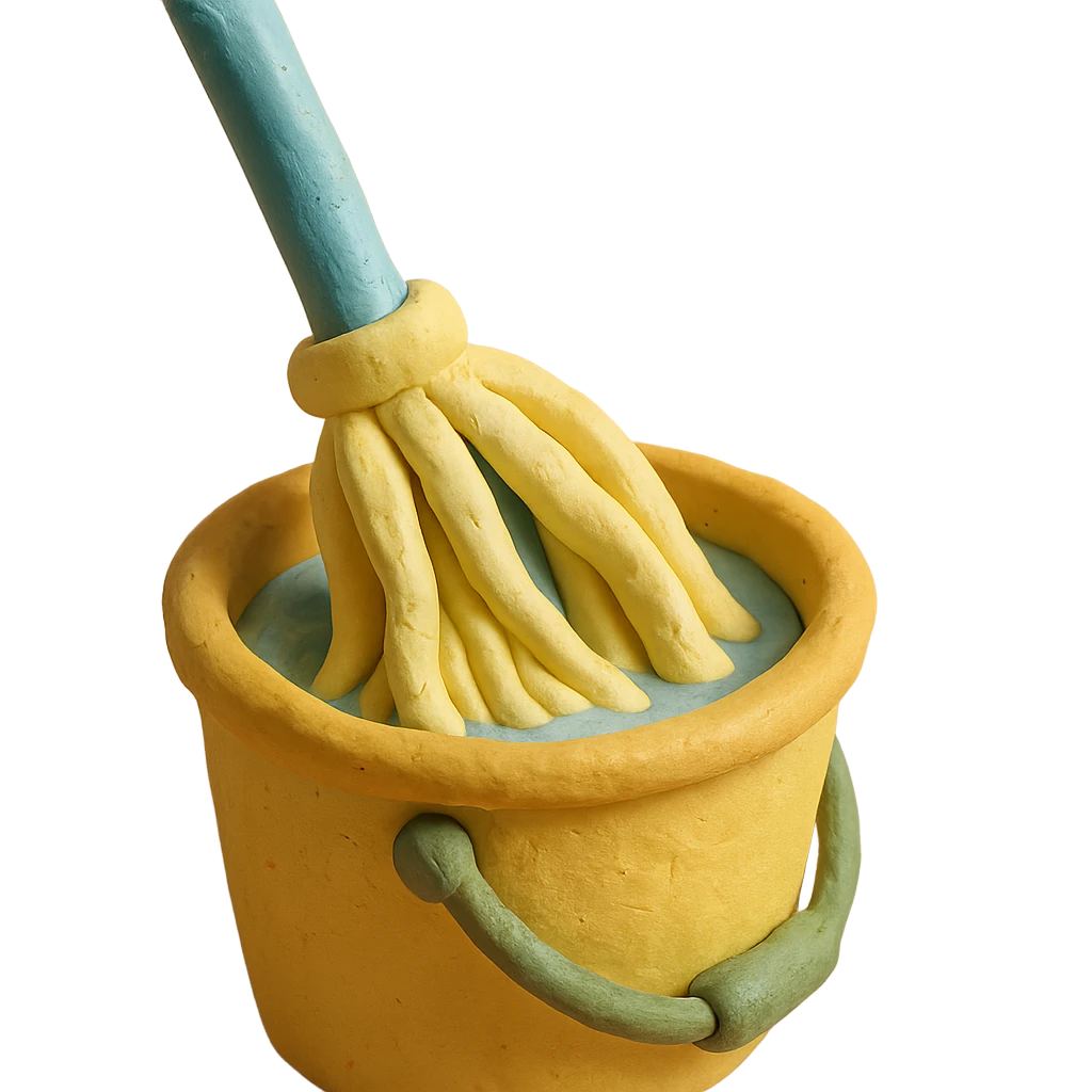 close-up of mop wringing out in a bucket, soft lighting, pastel colors, claymation style emoji