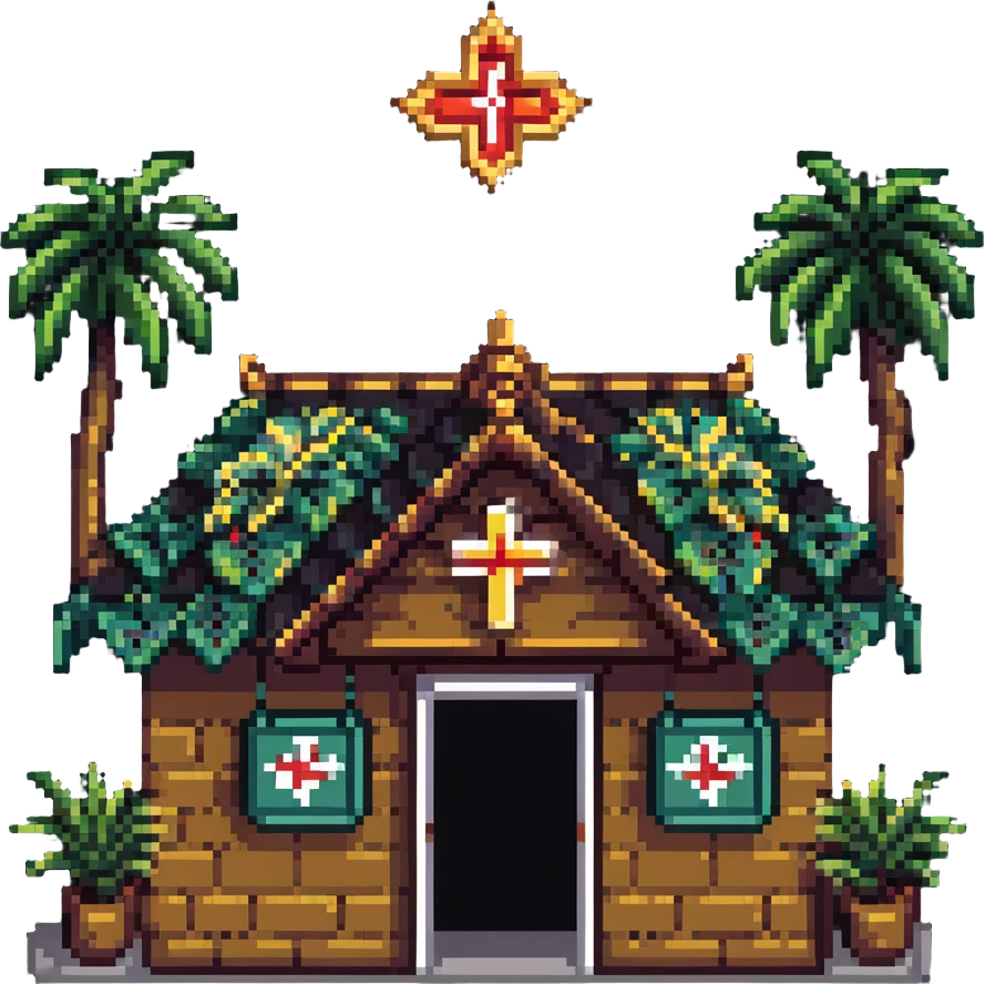 Thai hospital with traditional ornate roof, medical symbol, tropical plants emoji