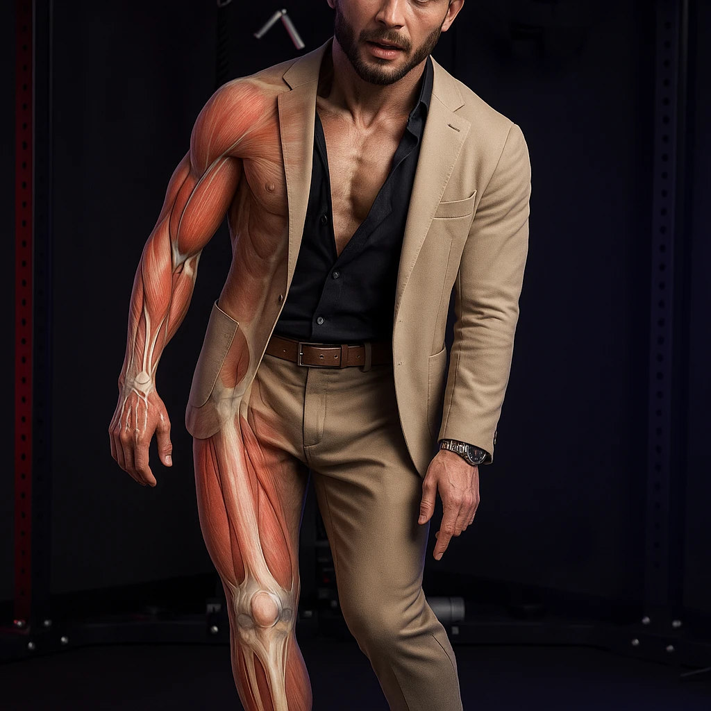 Realistic man standing in a gym, pose as in the reference, pelvis tilted, knee in valgus, and pronated foot. Visible skin and muscles, some translucent areas partially showing bones and joints involved (pelvis, knee, foot). Muscles in tension highlighted. Natural expression, clothing similar to the reference, hyperrealistic 4K details, gym environment. Variant 3. emoji