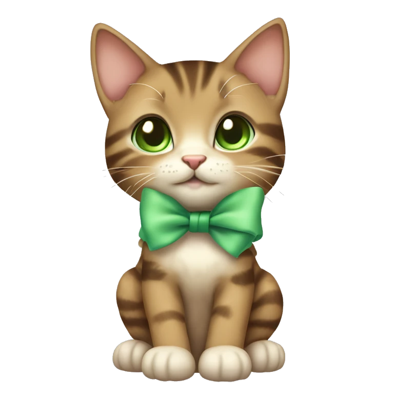 extremely cute kawaii brown tabby girl kitten with green eyes and pastel green bow full body emoji