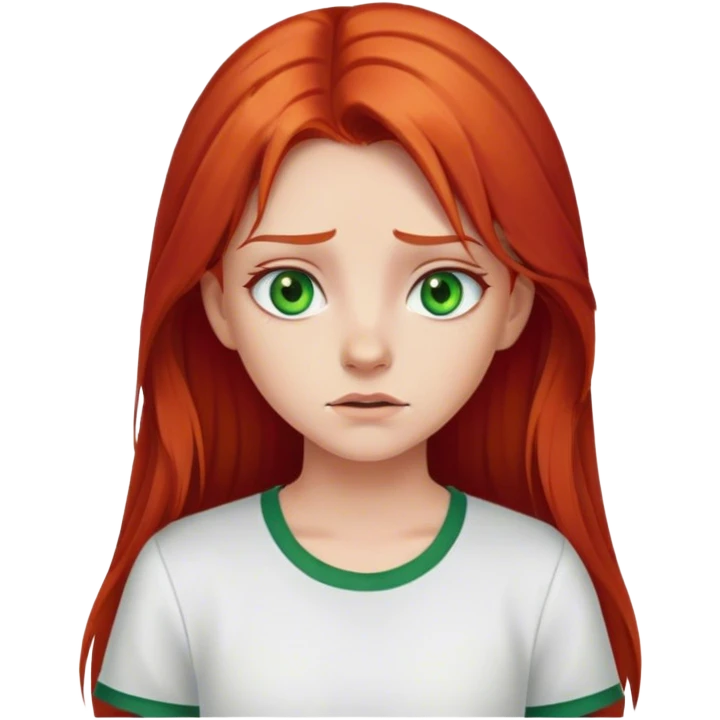 Girl cringe expression with middle part long red hair and green eyes white shirt emoji