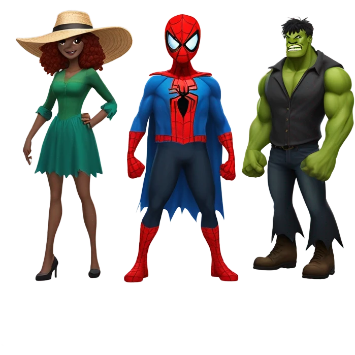 Spider-Man, Hulk, scarecrow, and wicked witch together emoji