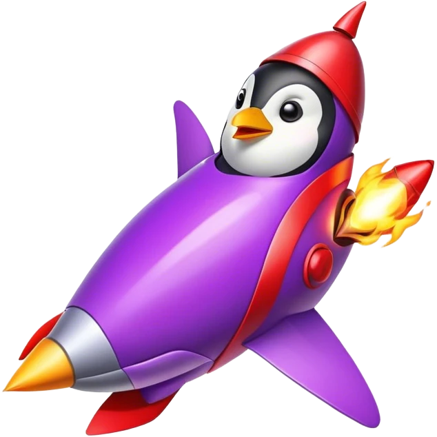 penguin in red rocket with purple fire emoji
