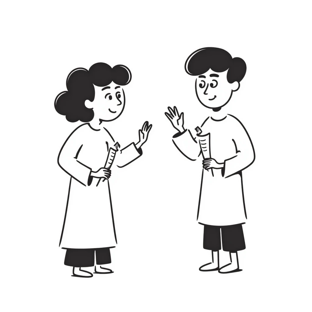 Socratic dialogue scene with two figures debating in hand drawn doodle style emoji