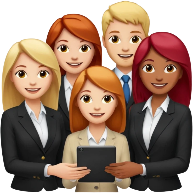 сделай деловых 4 коллег, которые радостно что-то обсуждают. все должны быть светлокожими и с разным цветом волос -блонд, черный, шатен, рыжий emoji
