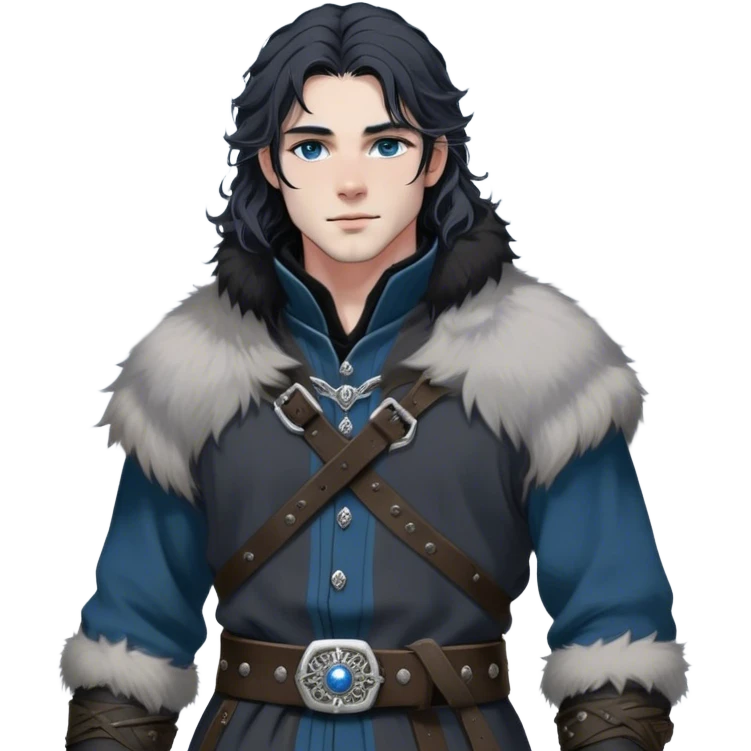 Medieval winter outfit worn by a DnD themed fantasy male character. Heavy charcoal gray wool tunic with black wolf fur lining, embellished with etched silver buttons and a sturdy leather belt with decorative metalwork. Clothes only above the waist, full waist coverage. The character has no arms. Character is white-skinned with jet black hair, steel blue eyes, and shoulder-length wavy hair with snow-kissed strands. emoji