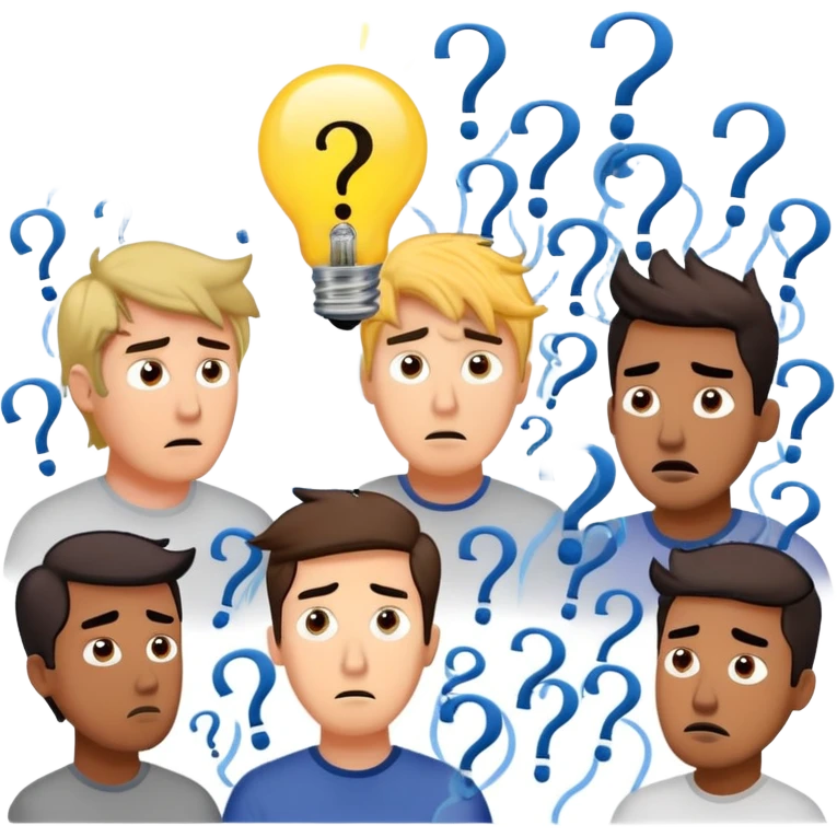 Group of men with chaotic minds, swirling tornadoes of tangled thoughts around their heads, containing question marks, light bulbs, and scribbles. The men have bewildered, overwhelmed expressions. emoji