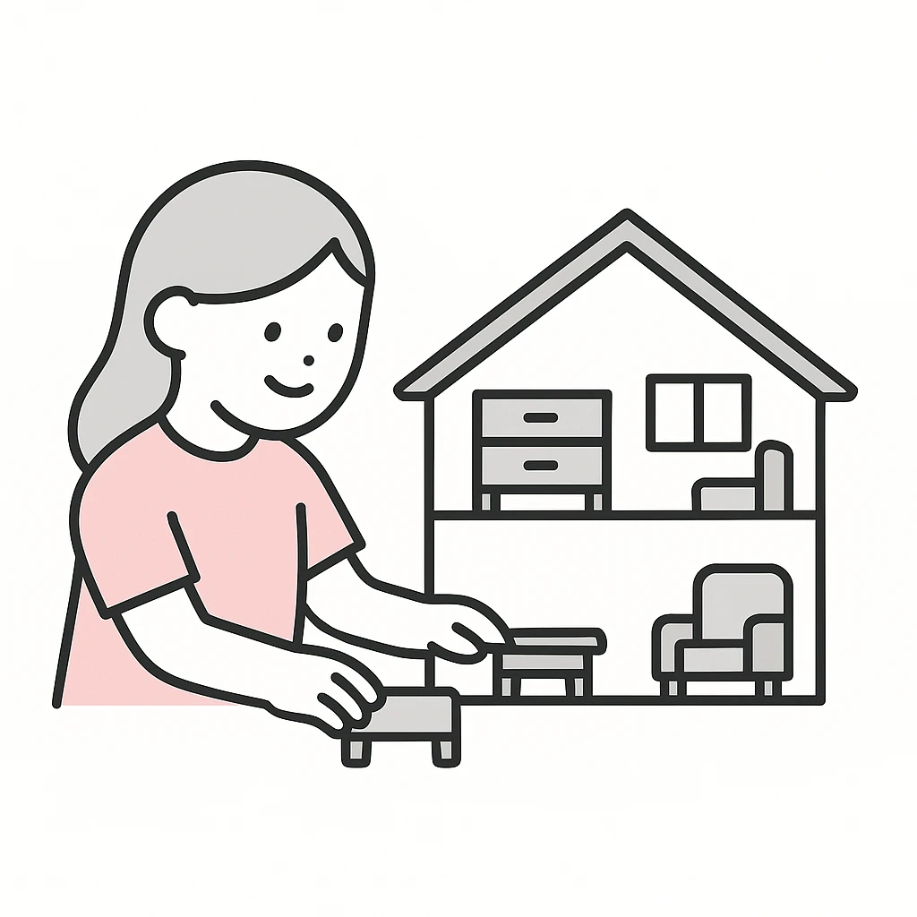 smiling girl arranging furniture in doll house emoji