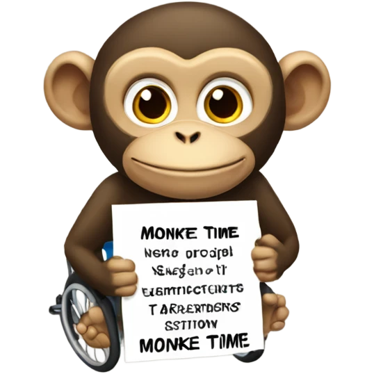Monkey in wheelchair holding sign that says monke time emoji