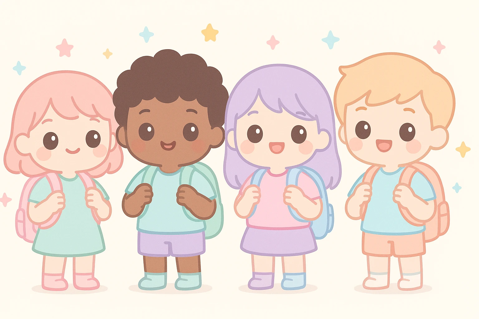 group of diverse children with backpacks, kawaii style emoji