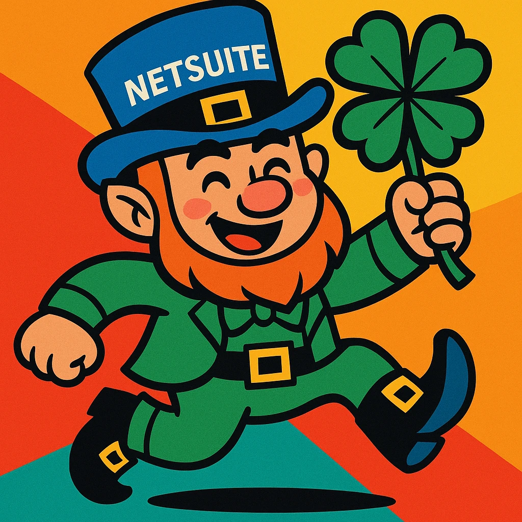 cartoon leprechaun with a blue hat that has the word 'NetSuite' on it, vibrant, playful style emoji