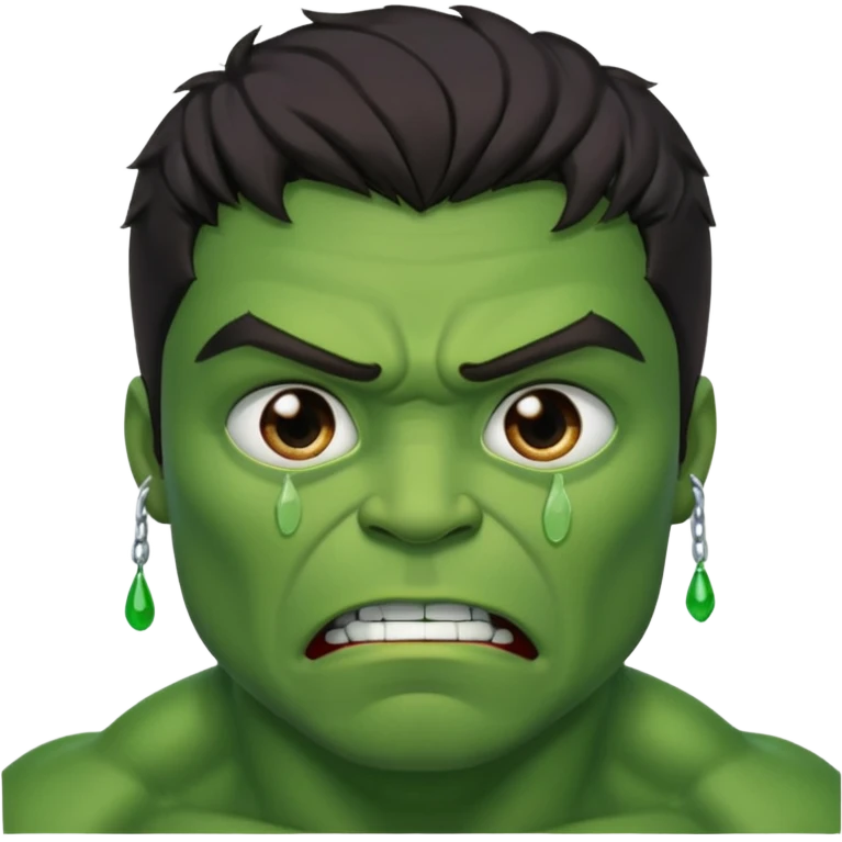 Create a man with brown eyes and dark hair in a crying Hulk costume emoji