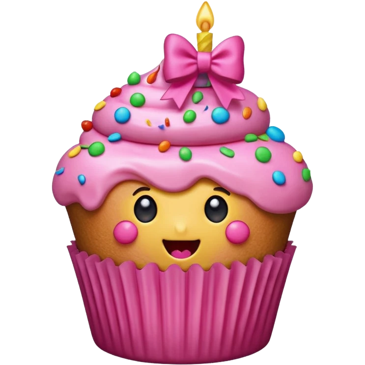 hyper realistic emoji of a bitten cupcake with pink frosting and a small gift bow on top, bitten part showing colorful sprinkles and a surprise inside, clean colorful emoji-style design emoji