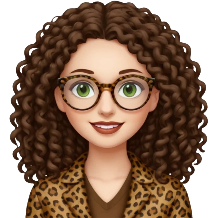 a green eyed woman with very very long brunette curly hair, full lips,and pale skin. She is wearing a leopard printed thin round-ish glasses . She is wearing fully brown clothes. She is gretting smiling emoji