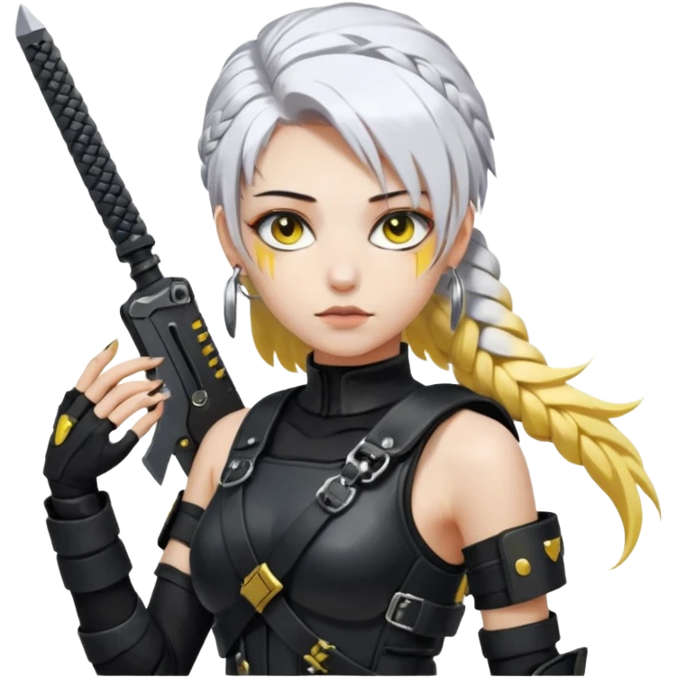  a closeup portrait of young woman with gold yellow eyes, white hair, long braid, black off-shoulder top d-cup, punk gothic style, futuristic cyberwave cyberpunk,  she has a plate carrier armor vest , and a old-style steel bulletproof combat helmet.  holding up a DAYZ combat knife emoji