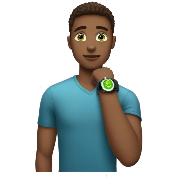 young man with green eyes looking at his smartwatch on his wrist emoji