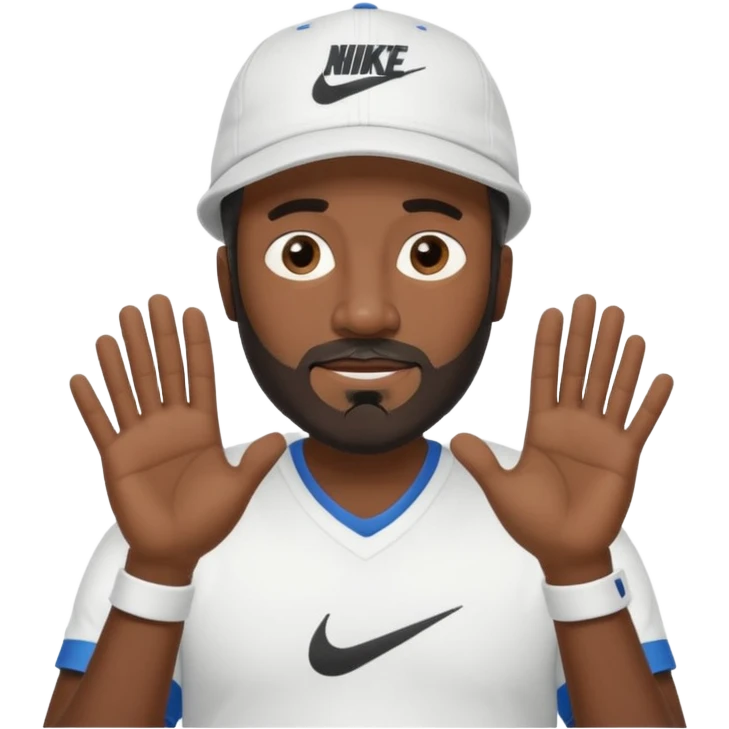 MIDDLE AGED BLACK MAN WITH LOW CUT BEARD AND A NIKE HAT SAYING WHO CARES?! MOTIONING HANDS  emoji