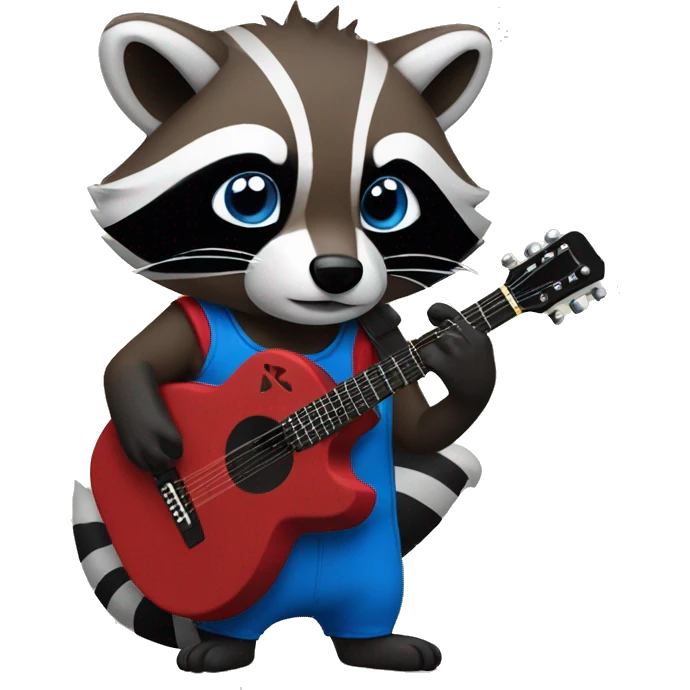 Furry red black blue raccoon eat cookie andand he holds a guitar in his hand emoji