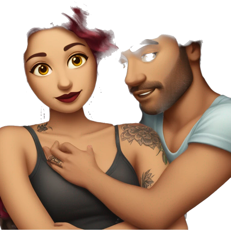 Beautiful tattooed burgundy long haired woman laying on the boyfriends chest emoji