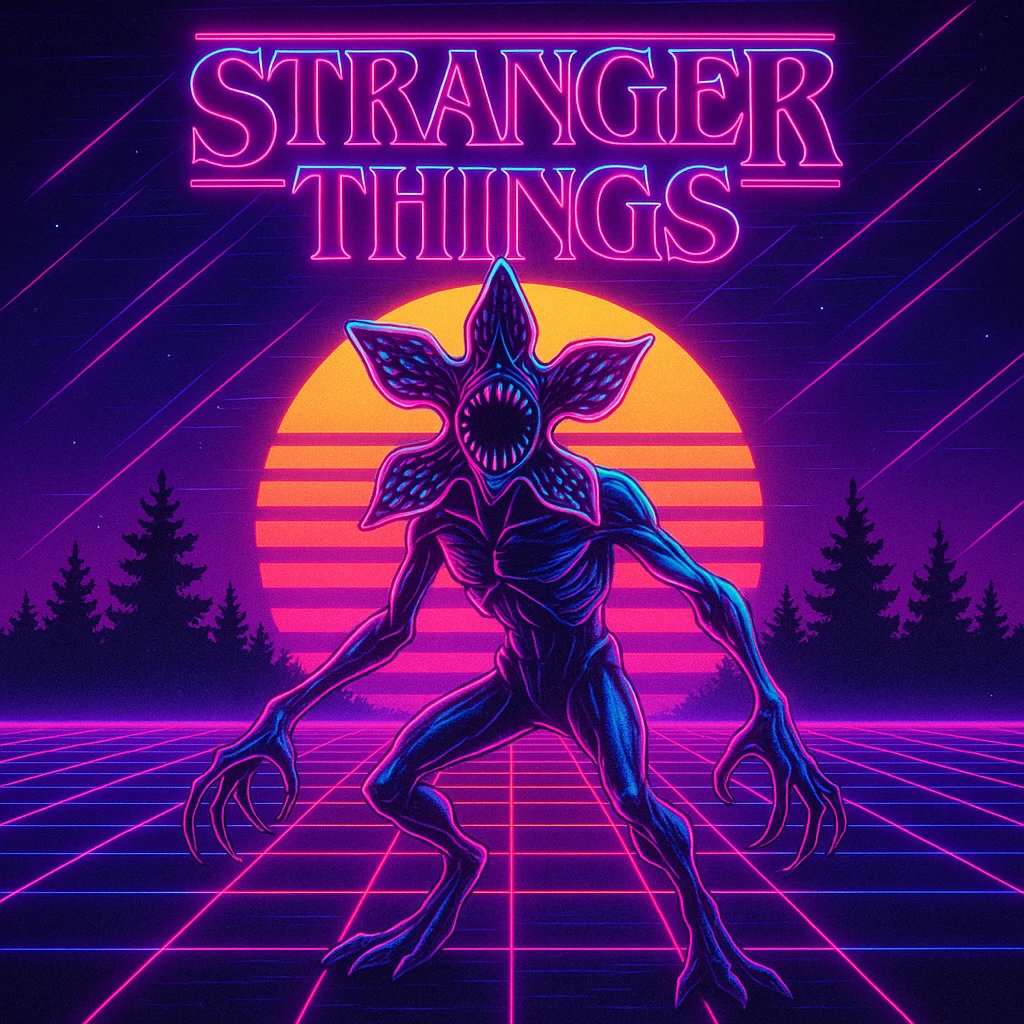 Stranger Things series, 80s retro neon style, featuring the Demogorgon emoji