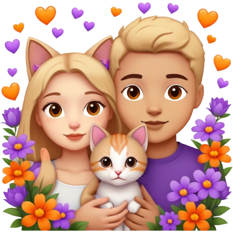 Cute couple next to a cute kitten surrounded by purple and orange flowers and hearts  emoji