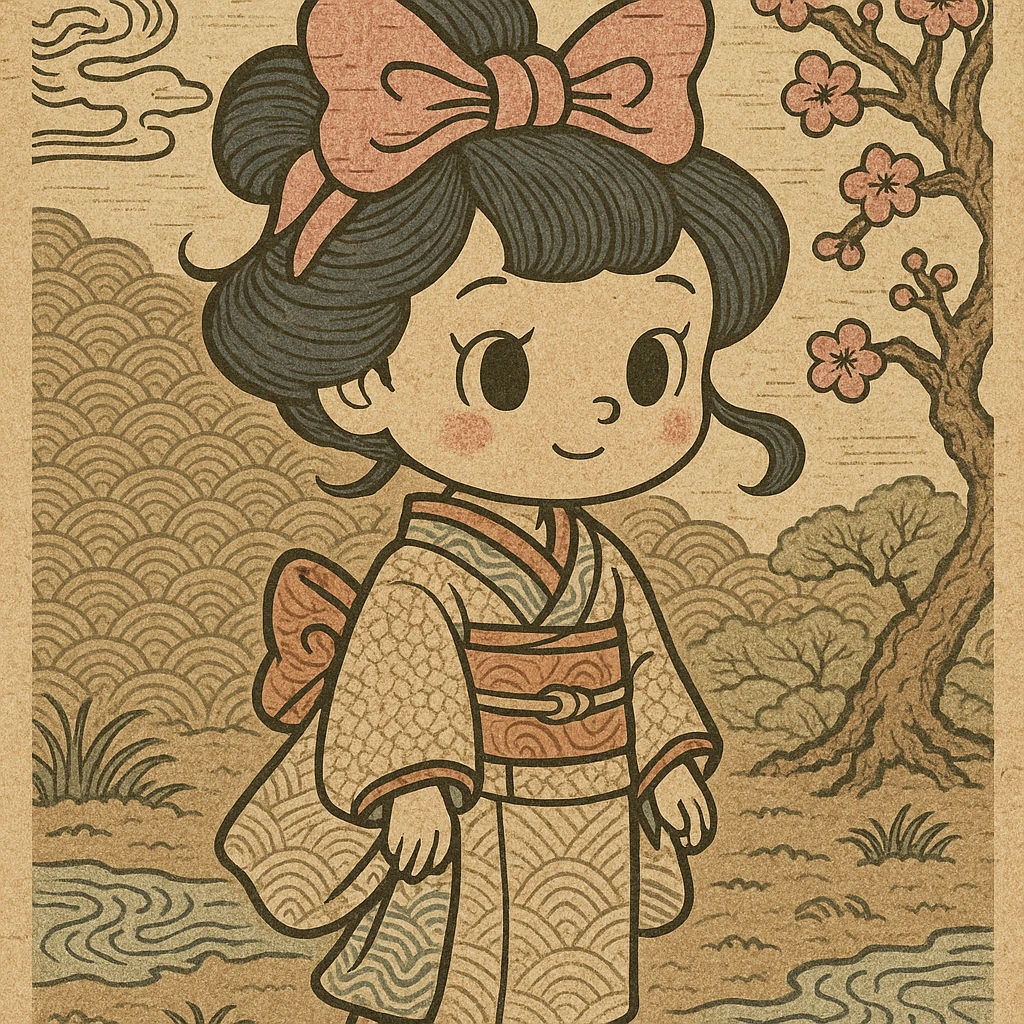 pink gothic bow, ukiyo-e style, intricate details, traditional Japanese art style emoji