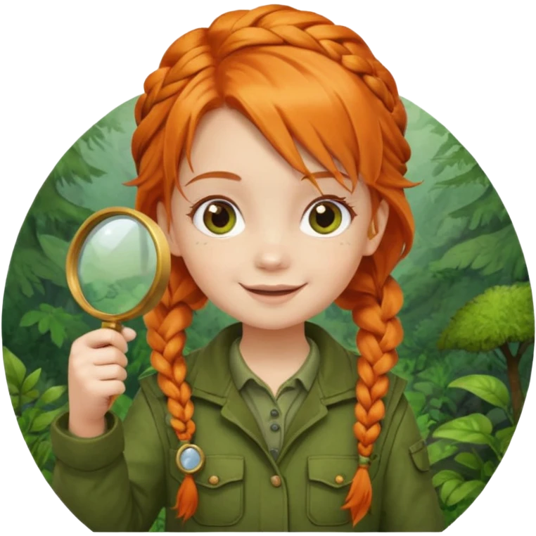 braid orange haired girl kid in moss green explorer outfit, holding magnifying glass, smile emoji