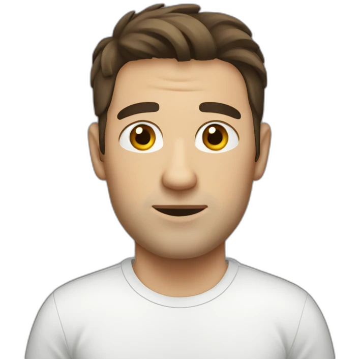 shaved white man with messy mid long dark brown hair, with a t-shirt emoji