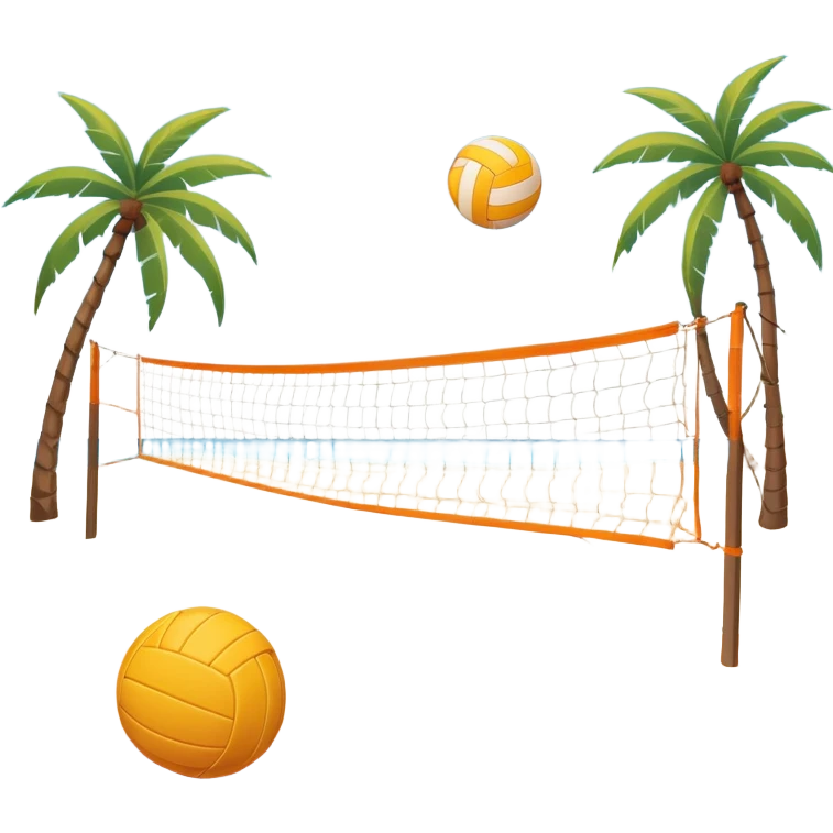 A volleyball resting on the orange sand ground of a beach, with a volleyball net in the background. The scene captures a sunny beach atmosphere with clear blue sea and sky, palm trees swaying, and people in swimsuits enjoying the vibrant surroundings emoji