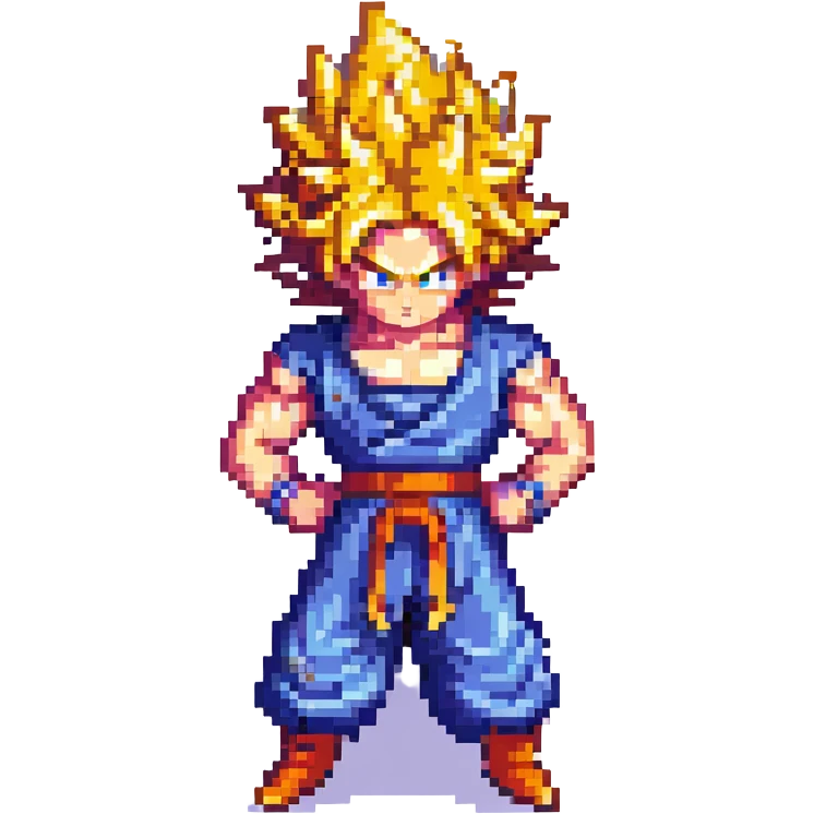 Goku Super Saiyan, golden spiky hair, fierce expression, battle stance, pixel art style emoji