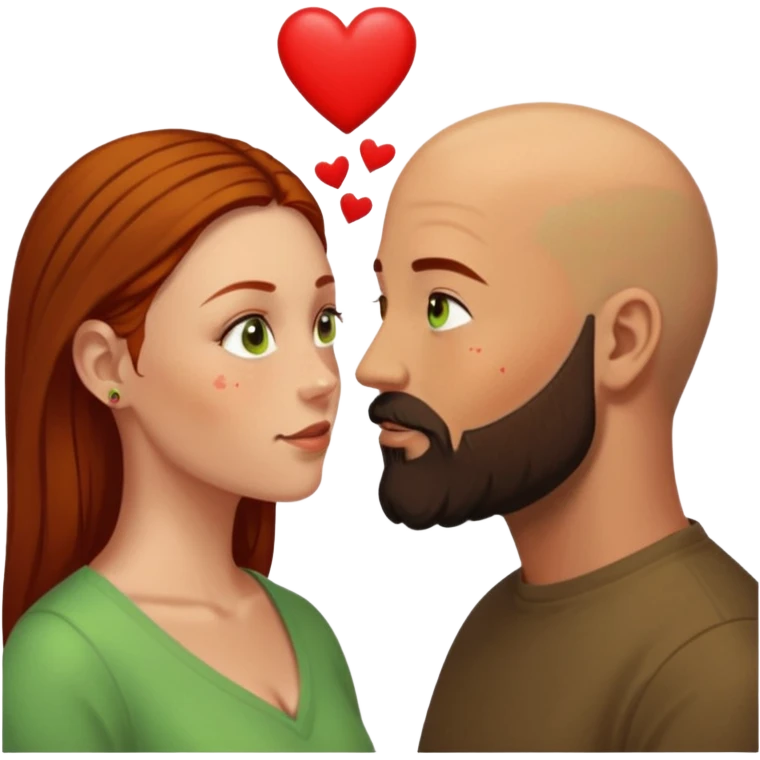 Couple. Bald man with dark brown-black beard. Woman with freckles, white skin and she has auburn-yellow-brown-hair. She has light yellow-green-brown eyes. He have hazel eyes. They look at each other. Many small red hearts around them. emoji
