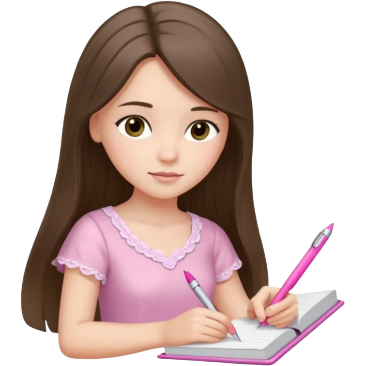 pretty white brunette teen long hair with hazel eyes in a light pink dress writing in a notebook with a pink pen emoji