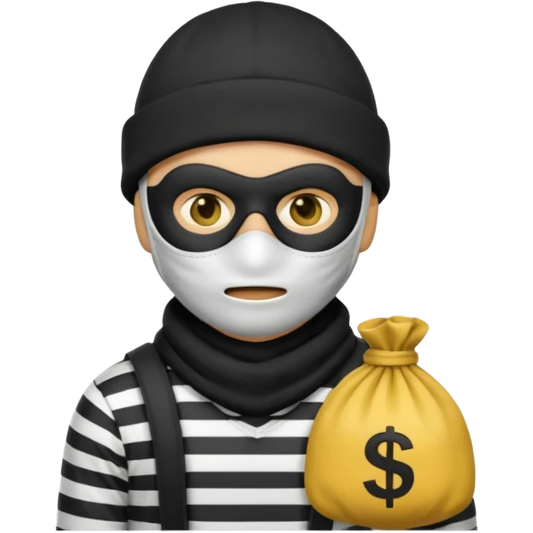 A Robber Emoji, the robber is Male, has a Black Beanie hat, has a shirt with black and white stripes, a black mask thing around his eyes, and a yellowish money bag on his hanging right shoulder, we can only see his upper body from his chest and his face he has NO face mask and looks like 🧑‍🌾 emoji emoji