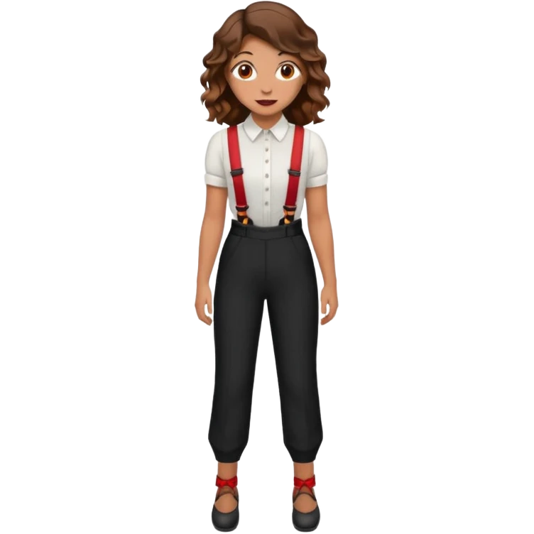 Woman with wavy brown hair and hazel eyes wearing black dress pants with red suspenders emoji