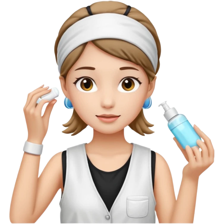 Clean girl aesthetic emoticons, apply skincare products, headband, glowing skin, white vest, soft lighting emoji