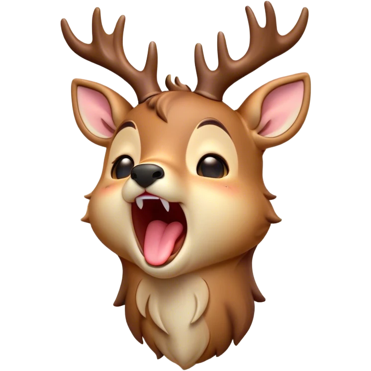 Cinematic Cute Yawning Deer Portrait Emoji, Head tilted slightly with a dramatic, wide-open yawn, revealing a soft, dappled coat and elegantly drooping ears, eyes barely open in drowsy contentment, Simplified yet irresistibly adorable features, highly detailed, glowing with a soft, cozy glow, high shine, relaxed yet expressive, stylized with a touch of natural whimsy, bright and endearing, soft glowing outline, capturing the essence of a sleepy yet affectionate deer, so drowsy it feels like it could stretch right out of the screen and curl up for a nap! emoji