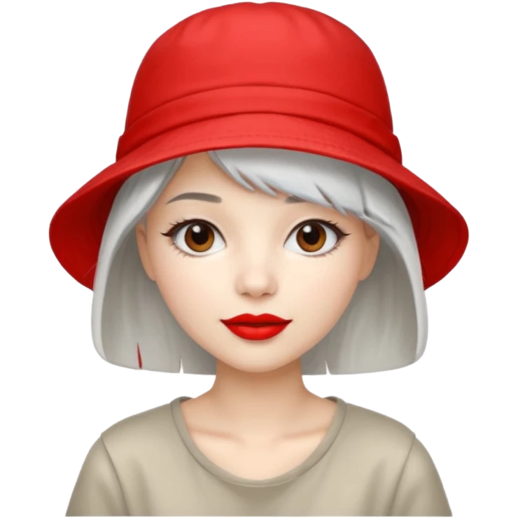 young fashionable woman, straight silver hair, wearing a bucket hat and bold lipstick, cheerful look emoji