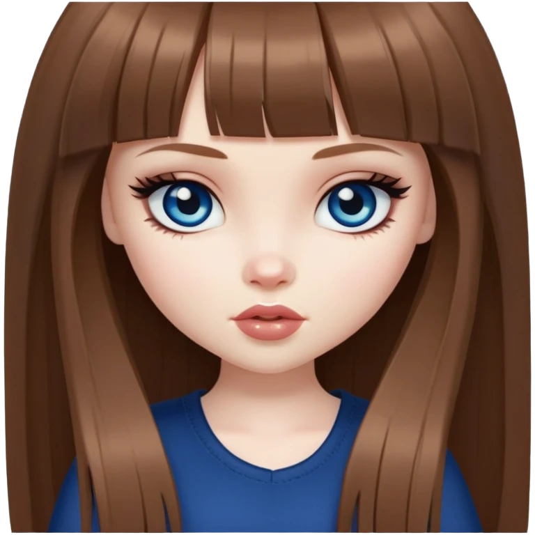 pretty bratz baddie, pale skin, bangs long straight brown hair, dark blueen eyes emoji