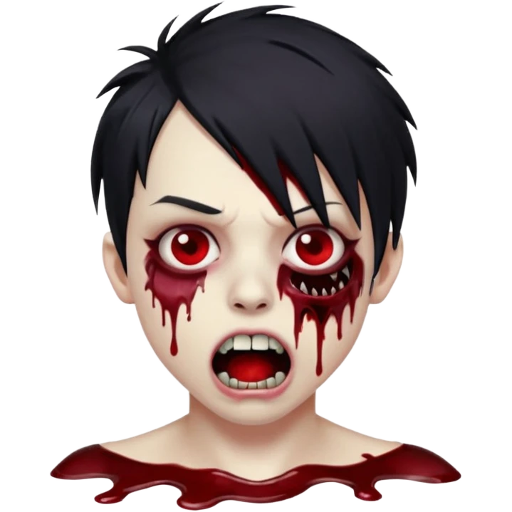  emo zombie black punk hair with cuts on face and open mouth with fluid coming out of mouth emoji