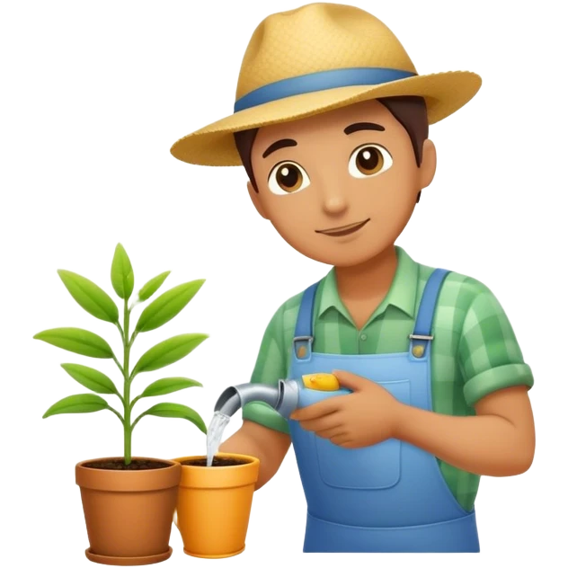 A caring gardener watering a small plant that emits a soft glow emoji