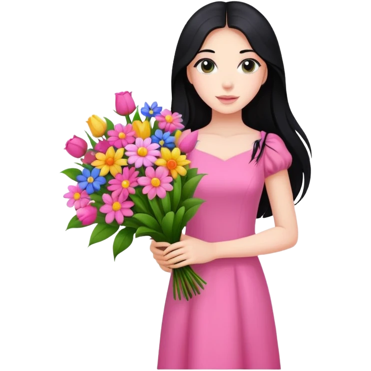 beautiful girl with long black hair, fair skin, wearing pink dress holding a colorful bouquet of flowers emoji