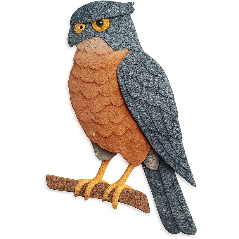 close-up of a Cooper’s Hawk perched on a branch, fine paper edges, intense gaze, slate gray and reddish feather patterns emoji