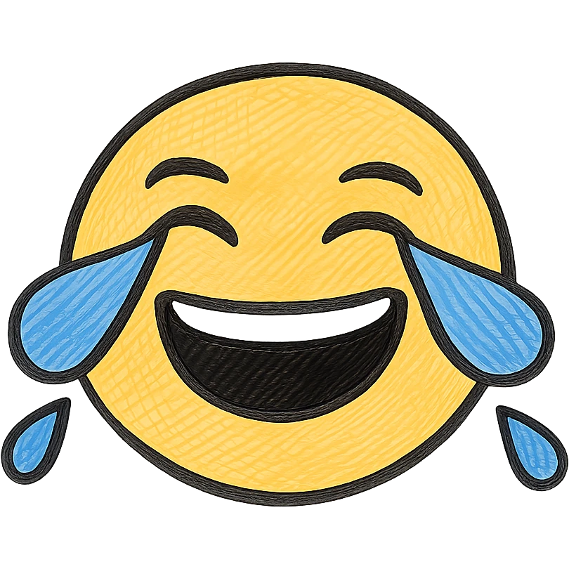 Create a cry-laughing emoji with large blue tears streaming from the eyes in hand drawn doodle style. The emoji should have no background and keep the original hand drawn doodle style look. emoji