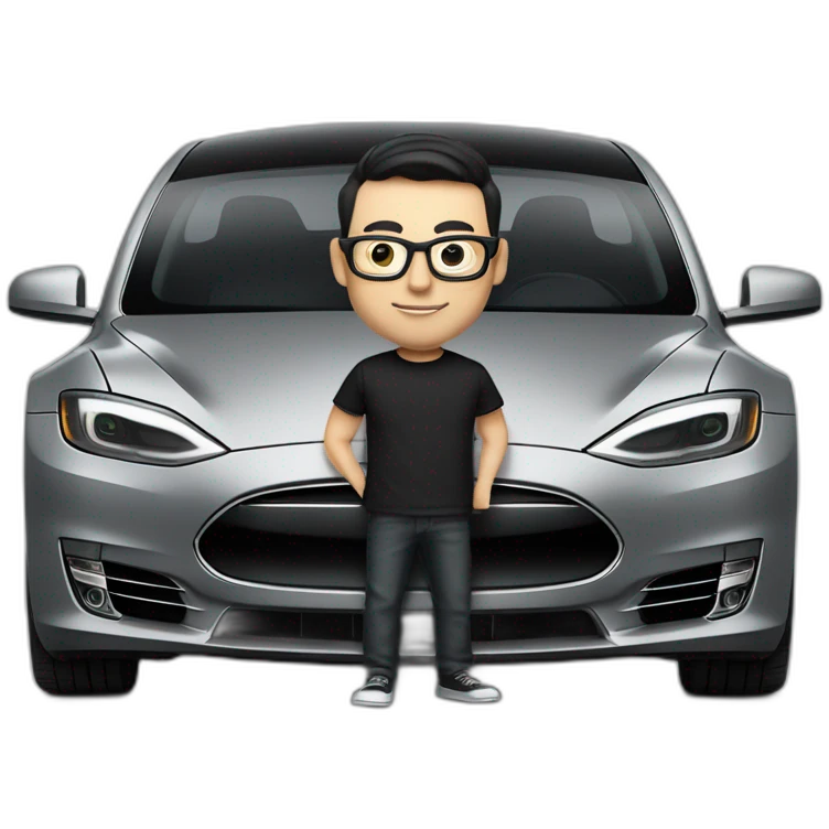 small-cartoonish-middle-age-lean-white-man,without beard or moustache,-with-black-hair-&-glasses-wearing-black-Tesla-T-shirt,-inside-black-tesla-model-3, full car front view emoji