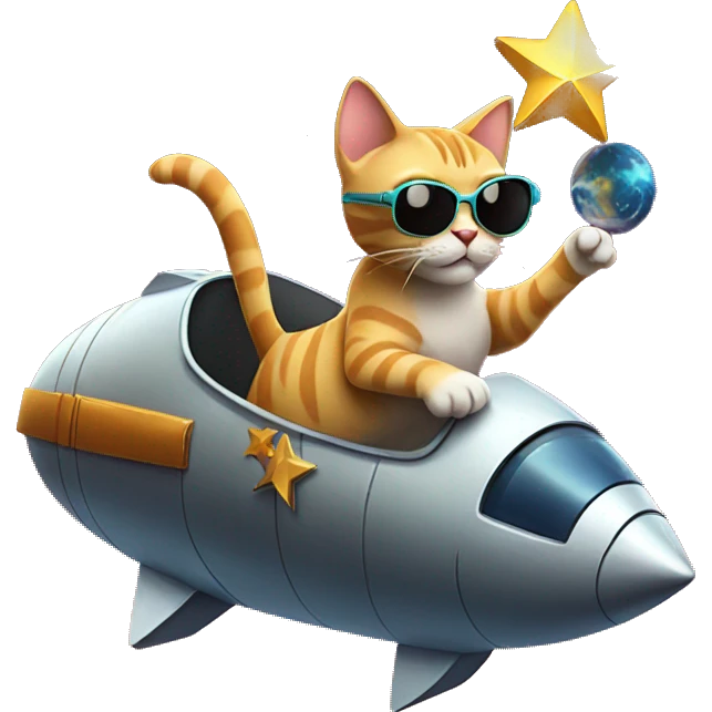 Cat with sunglasses and riding a comet and holding a star emoji