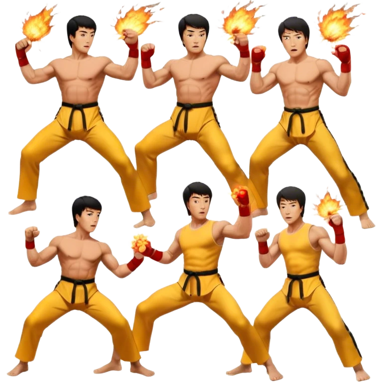Collage of Arnold Schwarzenegger, Sylvester Stallone, Bruce Lee, and Jackie Chan in intense action poses, surrounded by explosions, martial arts moves, weapons. The design should capture the high energy and heroism of classic action films. Transparent background. emoji